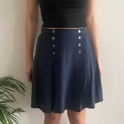 Any Time Checked Mini Skirt - 28W UK 8 Navy Silk