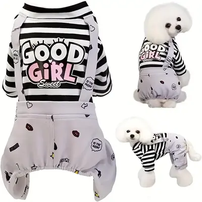 Comfortable Cat Clothing, Striped Dog Overalls, Cute Cartoon Letter Printed Pet Clothes for Spring & Summer
