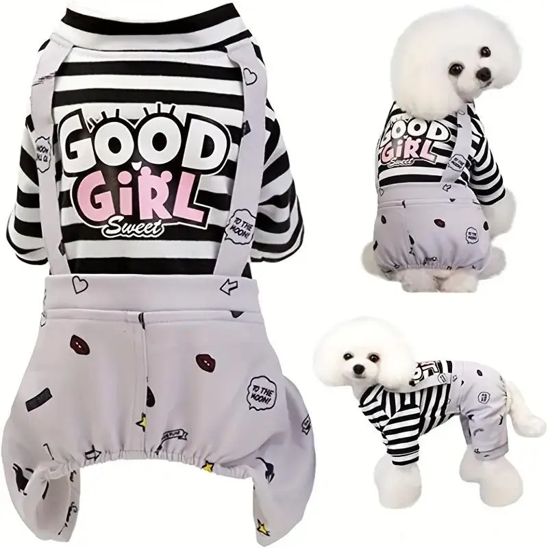 Comfortable Cat Clothing, Striped Dog Overalls, Cute Cartoon Letter Printed Pet Clothes for Spring & Summer