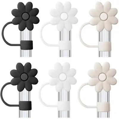 Silicone Straw Cap without Straw/Cup, 6 Counts Flower Shaped Reusable Straw Cover, Durable Straw Topper for 10mm Straw, Water...