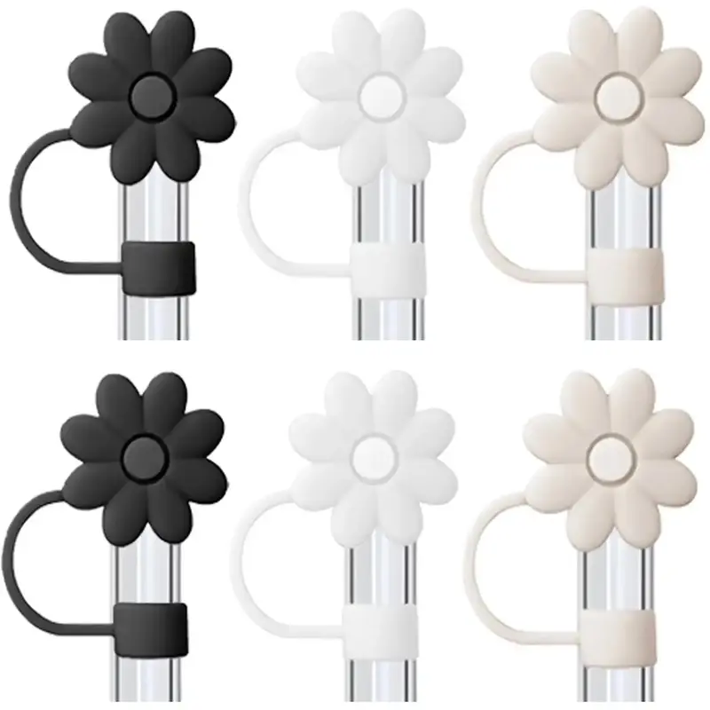 Silicone Straw Cap without Straw/Cup, 6 Counts Flower Shaped Reusable Straw Cover, Durable Straw Topper for 10mm Straw, Water...