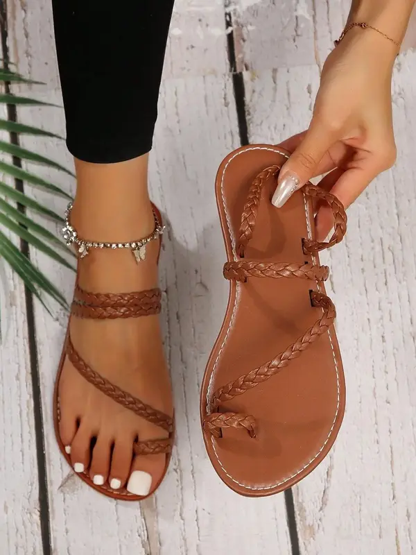 Women's Fashionable Plain Color Ankle Strap Sandals, Brown Casual Comfortable Flat Sandals for Beach Vacation, All-match Bare...