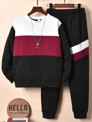 Two-Piece Set Boy's Colorblock Sweatshirt & Elastic Waist Sweatpants Set, Casual Round Neck Long Sleeve Pullover & Jogger Pan...