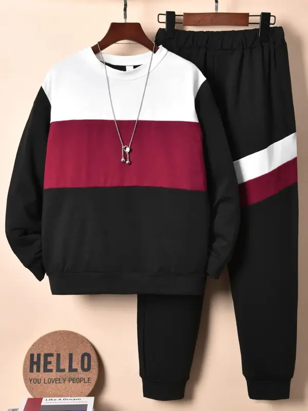 Two-Piece Set Boy's Colorblock Sweatshirt & Elastic Waist Sweatpants Set, Casual Round Neck Long Sleeve Pullover & Jogger Pan...