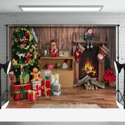 Dolls Wood Fireplace Pine Tree Christmas Backdrop - Aperturee