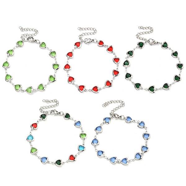 304 Stainless Steel & Glass Heart Link Chain Bracelets for Women