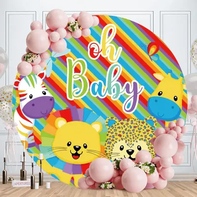 Aperturee Circle Rainbow Animals Round Baby Shower Backdrop