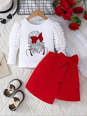 Two-Piece Set Girl's Cartoon Print Tee & Button Front Bow DecorĀ Skirt Set, Cute Casual Puff Sleeve Round Neck Top & Asymmetr...