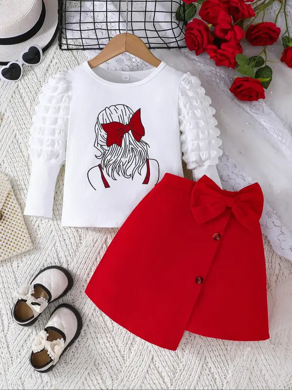 Two-Piece Set Girl's Cartoon Print Tee & Button Front Bow Decor Skirt Set, Cute Casual Puff Sleeve Round Neck Top & Asymmetr...