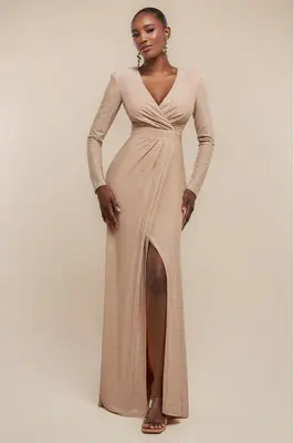 Goddiva Front Wrap Lurex Bodycon Maxi Dress - Nude