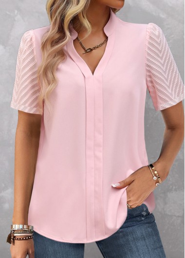 Modlily Light Pink Patchwork Short Sleeve Split Neck Blouse - 2X