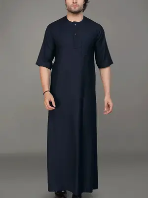 Men's Solid Color Pocket Round Neck Robe, Loose Casual Comfy Half  Sleeve Crew Neck Muslim Robe for Daily Wear, Men's Islamic...
