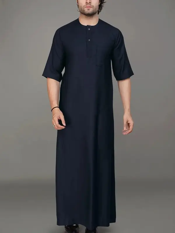 Men's Solid Color Pocket Round Neck Robe, Loose Casual Comfy Half  Sleeve Crew Neck Muslim Robe for Daily Wear, Men's Islamic...