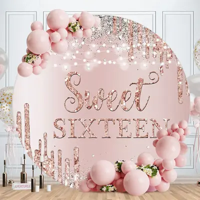 Aperturee Sweet Sixteen Pink Silver Birthday Girl Backdrop | Round Party Backdrop | Round Backdrop Fabric Cover | Circle Back...