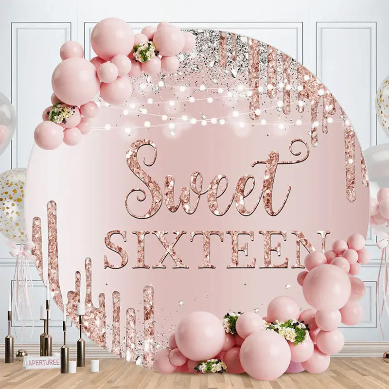 Aperturee Sweet Sixteen Pink Silver Birthday Girl Backdrop | Round Party Backdrop | Round Backdrop Fabric Cover | Circle Back...