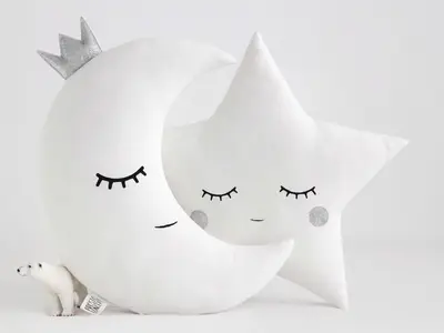 Set of 2 White Pillows - Crescent Moon and Star Pillows with Glitter Touch (5 colors)