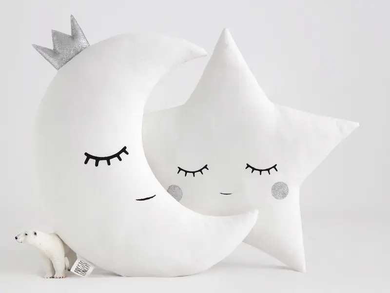 Set of 2 White Pillows - Crescent Moon and Star Pillows with Glitter Touch (5 colors)
