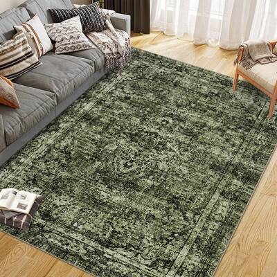 Garvee Washed Back Low Pile Area Rug for Living Room, Bedroom, Kitchen, Dining Room, Hallway 9x12ft Green Non Slip Washable C...