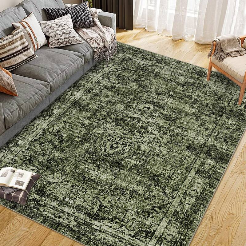 Garvee Washed Back Low Pile Area Rug for Living Room, Bedroom, Kitchen, Dining Room, Hallway 9x12ft Green Non Slip Washable C...