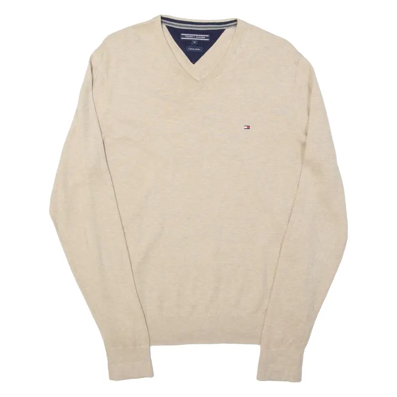 TOMMY HILFIGER Mens Jumper Beige V-Neck Tight Knit M