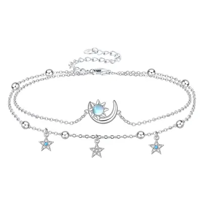Sterling Silver Round Moonstone Moon And Sun Star Multi-Layered Anklet For Women