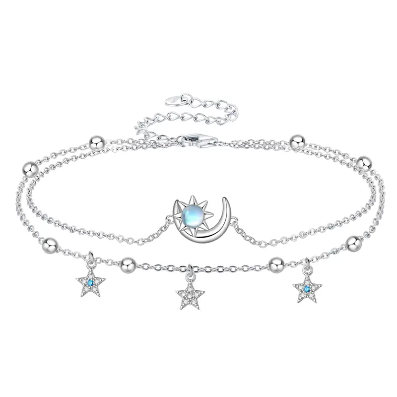 Sterling Silver Round Moonstone Moon And Sun Star Multi-Layered Anklet For Women