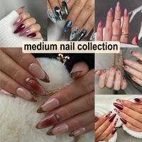 【Medium Nails】Press on Nails Almond Press ons Fake Nails Glue on Nails Glossy False Nails Reusable Full Cover Thick Nail ...
