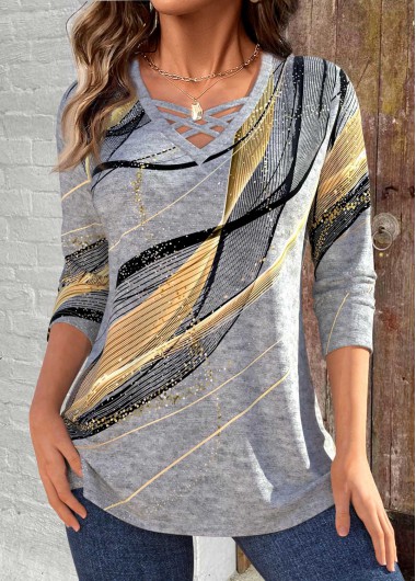 Modlily Light Grey Marl Criss Cross Geometric Print T Shirt - XXL