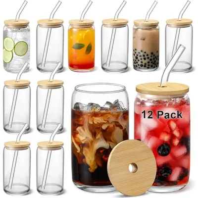 [ 4-12pcs Set ] Glass Cups with Bamboo Lids and Glass Straw - Beer Can Shaped 16 oz Iced Coffee Drinking Glasses, Cute Tumble...
