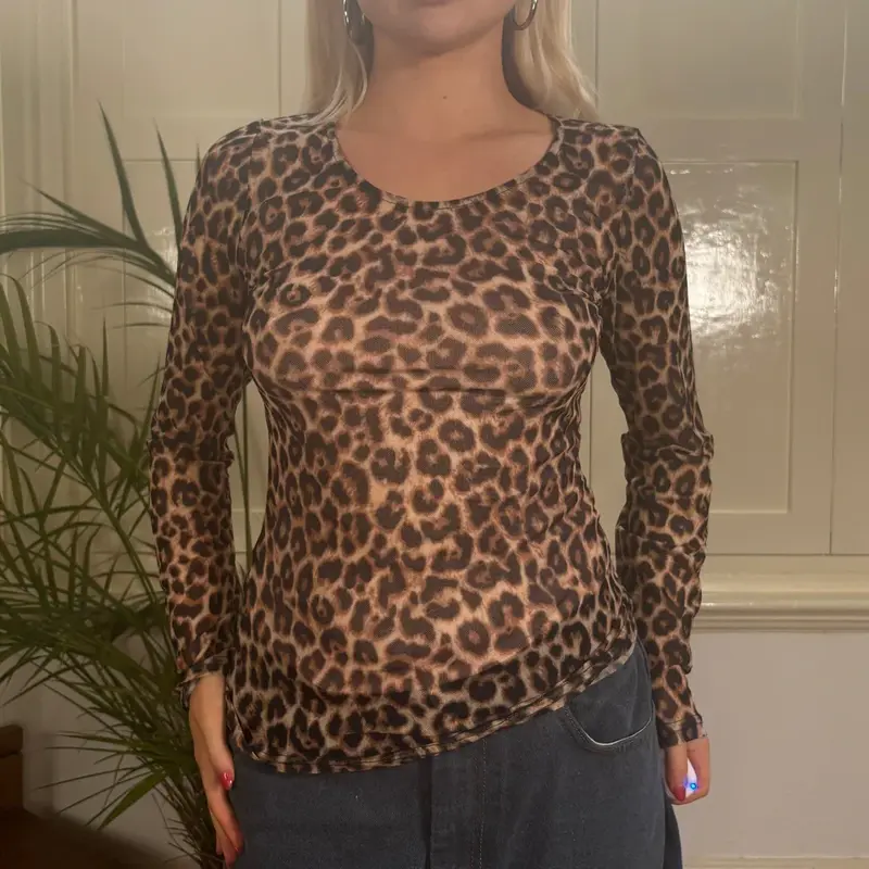 Just One Animal print Mesh Top - Small Brown Polyester
