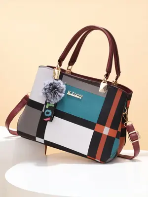 Women's Colorblock Adjustable Zip Pu Leather Satchel, Summer Fashion Colorblock Handbag with Pendant, Casual Versatile PU Lea...