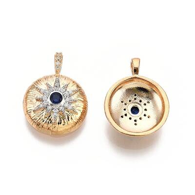 Flat Round with Star Brass Micro Pave Clear Cubic Zirconia Pendants