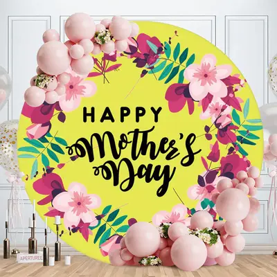 Aperturee Pink Floral Round Yellow Happy Mothers Day Backdrop