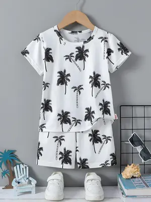 Two-Piece Set Boy's Palm Tree Print Tee & Elastic Waist Shorts, Casual Round Neck Short Sleeve T-Shirt & Shorts, Kids Summer ...