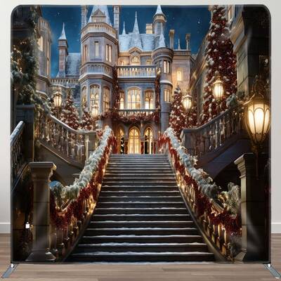 Aperturee Castle Christmas Stairway Square Tension Backdrop | Diy Christmas Backdrop | Christmas Backdrops For Photography | ...