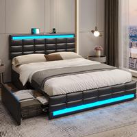 KD-Hot Selling,Queen Bed Frame with Drawers, LED Bed Frame with Charging Station, Pu Leather Platform Bed Frame Queen Size wi...