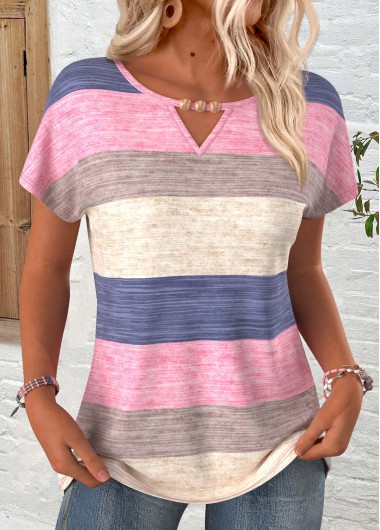 Modlily Multi Color Striped Short Sleeve Round Neck T Shirt - XL