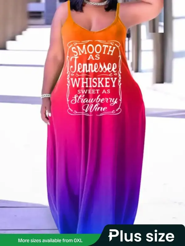 【Plus Size】 Ombre Letter Print Cami Dress, Casual Sleeveless Spaghetti Strap Short Dress, Dresses for Women, Back To Scho...