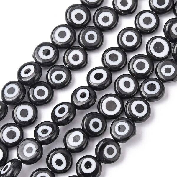 Handmade Evil Eye Lampwork Flat Round Bead Strands