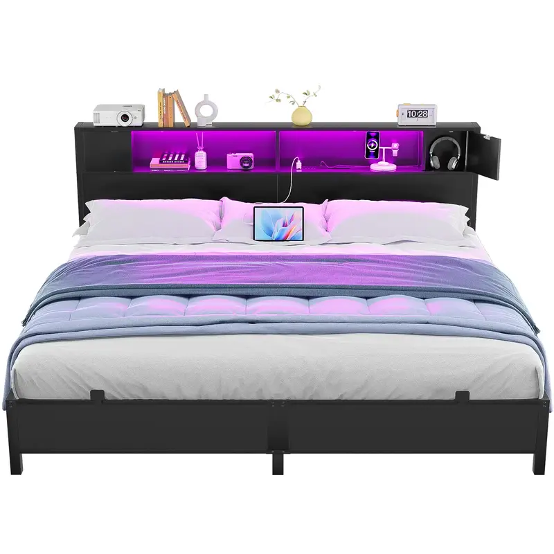 Homieasy Bed Frame with Storage Headboard and Charging Station, Luxury Cool Bed Frame with LED Lights, Steel Slat Support, No...