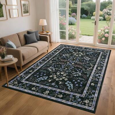 Garvee Large Floral Rug 9x12 Washable Non-Slip Rubber Backing Soft Thin Foldable Polyester Farmhouse Dining Room Carpet