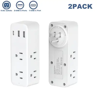 Rotating Plug Power Strip, 6 AC Outlets & 3 USB Ports (1 USB C), Swivel Wall Charger Station, Surge Protector Multi Plug Exte...
