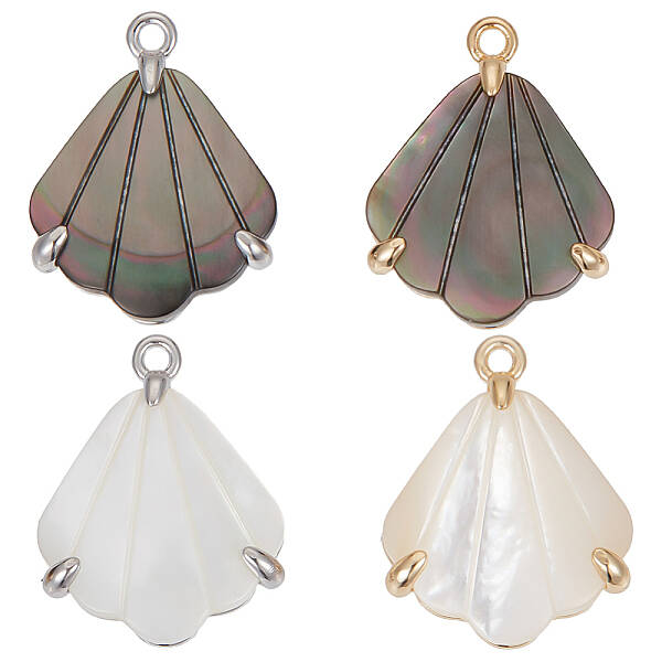 4Pcs 4 Styles Rack Plating Brass Pave Shell Pendants