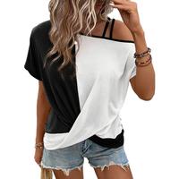 Dokotoo T Shirts for Women Twist Knot Color Block Loose Fit Cold Shoulder Tops for Women Fashion 2025