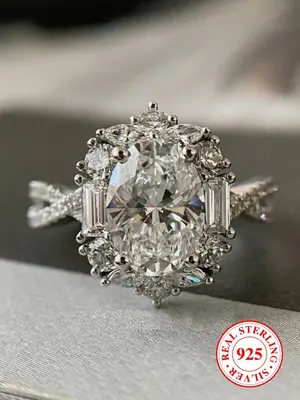 S925 Sterling Silver Elegant Oval Shaped Rhinestone Ring, Fashion Promise Ring for Women & Girls, Trendy All-match & Exquisit...
