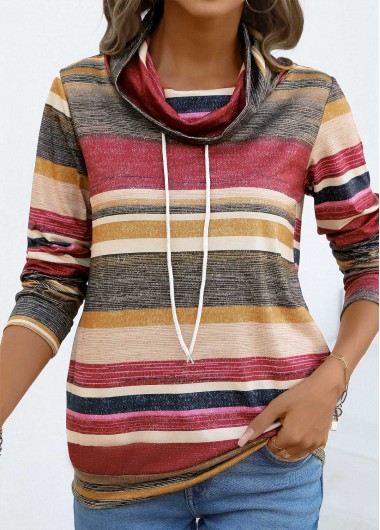Modlily Coral Drawstring Multi Stripe Print Long Sleeve T Shirt - XL