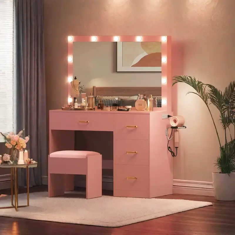 Yitahome Makeup Vanity Desk with Large Lighted Mirror with Power Outlet and LED Strip, 3 Color Lighting Modes with Adjustable...