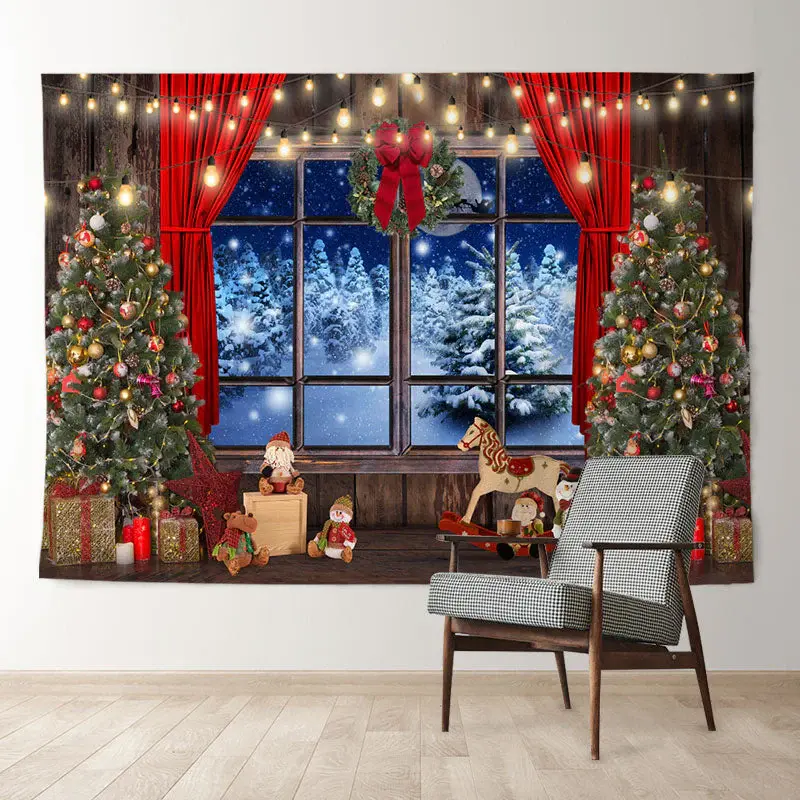 Aperturee Red Curtain Warm Room Snowy Eve Christmas Backdrop