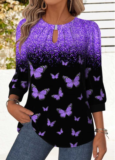 Modlily Purple Tummy Coverage Animal Print 3/4 Sleeve Blouse - L