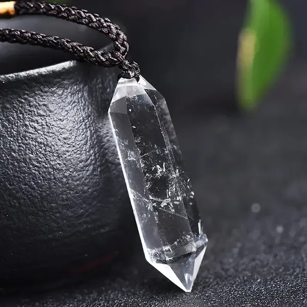 Natural Clear Quartz Wand Pendant Clear Crystal Double Point Wand Charm Necklace Amulet Adjustable Rope for Women Men Daily U...
